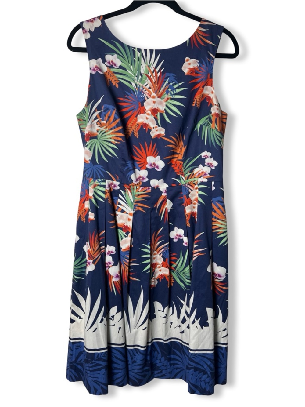 Talbots Navy Tropical Orchid Palm Fit & Flare Pleated Dress Sz 8